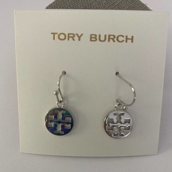 New Tory Burch Silver French Wire Logo Earings - Picture 2 of 5
